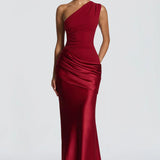 One-Shoulder Satin Mermaid Maxi Dress with Draped Waist