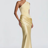 One-Shoulder Satin Mermaid Maxi Dress with Draped Waist