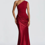 One-Shoulder Satin Mermaid Maxi Dress with Draped Waist