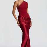 One-Shoulder Satin Mermaid Maxi Dress with Draped Waist