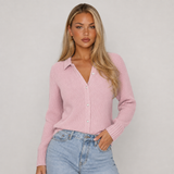 Textured Knit Cardigan with Collar and Button Front