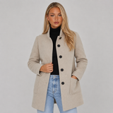 Longline Wool Overcoat with Stand Collar and Patch Pockets