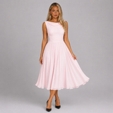 A-Line Pleated Chiffon Midi Dress with Cowl Neck