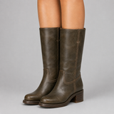 Knee-High Leather Boots with Block Heel and Round Toe