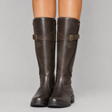 Knee-High Leather Boots with Buckle Strap and Low Heel