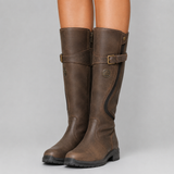 Knee-High Leather Boots with Buckle Strap and Low Heel