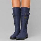 Knee-High Leather Boots with Buckle Strap and Low Heel