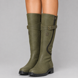 Knee-High Leather Boots with Buckle Strap and Low Heel