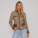 Fitted Tailored Button-Front Blazer with Leather Trim