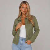 Cropped Denim Jacket with Button Front and Flap Pockets
