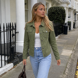 Cropped Denim Jacket with Button Front and Flap Pockets