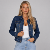 Cropped Denim Jacket with Button Front and Flap Pockets