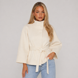 High-Collar Cape Coat with Tie Belt and Button Front