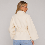 High-Collar Cape Coat with Tie Belt and Button Front