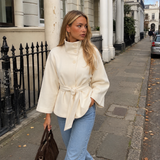 High-Collar Cape Coat with Tie Belt and Button Front