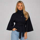 High-Collar Cape Coat with Tie Belt and Button Front
