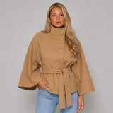 High-Collar Cape Coat with Tie Belt and Button Front