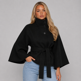 High-Collar Cape Coat with Tie Belt and Button Front