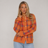 Oversized Chequered Knit Cardigan with Collar and Button Front