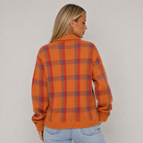 Oversized Chequered Knit Cardigan with Collar and Button Front