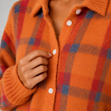 Oversized Chequered Knit Cardigan with Collar and Button Front