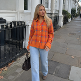 Oversized Chequered Knit Cardigan with Collar and Button Front