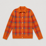 Oversized Chequered Knit Cardigan with Collar and Button Front