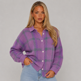 Oversized Chequered Knit Cardigan with Collar and Button Front