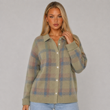 Oversized Chequered Knit Cardigan with Collar and Button Front