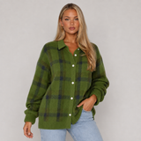 Oversized Chequered Knit Cardigan with Collar and Button Front