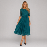 A-Line Lace Midi Dress with Chiffon Skirt
