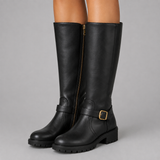 Biker Knee-High Boots with Side Zip and Buckle Strap