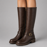 Biker Knee-High Boots with Side Zip and Buckle Strap