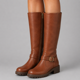Biker Knee-High Boots with Side Zip and Buckle Strap