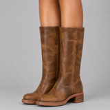 Knee-High Leather Boots with Block Heel and Round Toe
