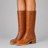 Knee-High Leather Boots with Block Heel and Round Toe