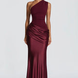 One-Shoulder Satin Mermaid Maxi Dress with Draped Waist