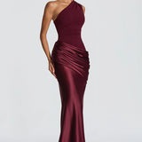 One-Shoulder Satin Mermaid Maxi Dress with Draped Waist