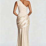 One-Shoulder Satin Mermaid Maxi Dress with Draped Waist