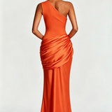 One-Shoulder Satin Mermaid Maxi Dress with Draped Waist