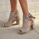 Tie-Up Peep-Toe Ankle Boots with Block Heel