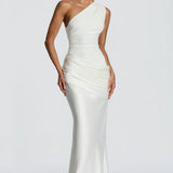 One-Shoulder Satin Mermaid Maxi Dress with Draped Waist