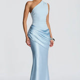 One-Shoulder Satin Mermaid Maxi Dress with Draped Waist