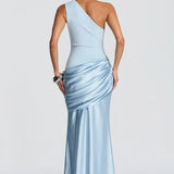One-Shoulder Satin Mermaid Maxi Dress with Draped Waist