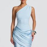 One-Shoulder Satin Mermaid Maxi Dress with Draped Waist