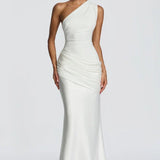 One-Shoulder Satin Mermaid Maxi Dress with Draped Waist