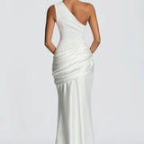 One-Shoulder Satin Mermaid Maxi Dress with Draped Waist