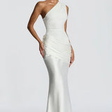 One-Shoulder Satin Mermaid Maxi Dress with Draped Waist
