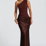 One-Shoulder Satin Mermaid Maxi Dress with Draped Waist
