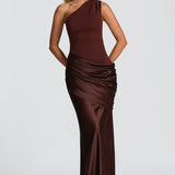 One-Shoulder Satin Mermaid Maxi Dress with Draped Waist